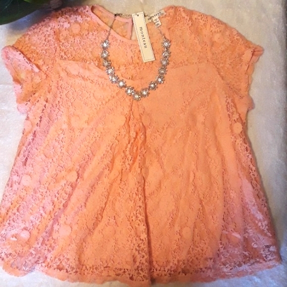 "Monteau" Peach Lace SS Top. Size: X-Large - Picture 3 of 3